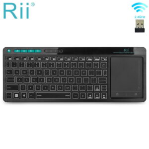 Clavier Bluetooth avec écran tactile Rii K18 Plus - Clavier multimédia sans fil rétroéclairé couleur à 3 LED avec pavé tactile de grande taille.